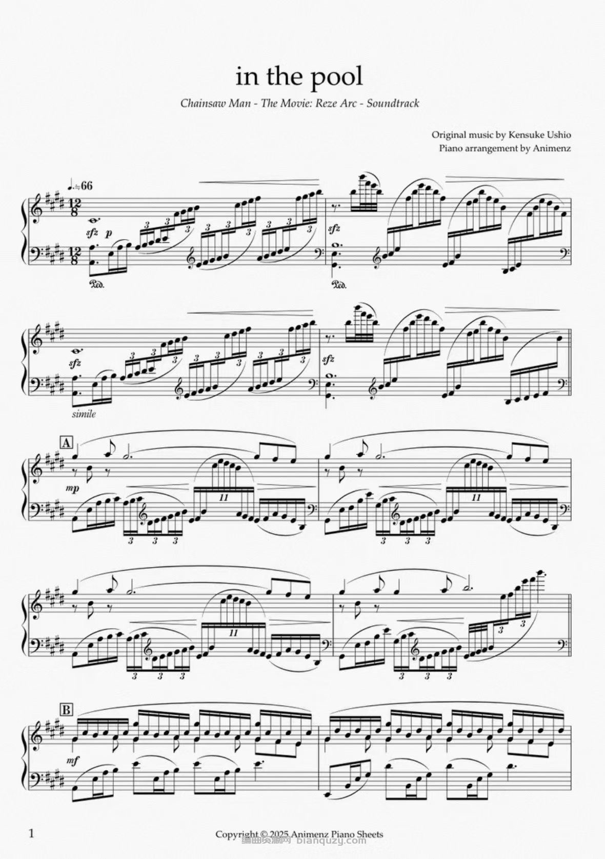 A叔 Animenz in the pool 剧场版《电锯人 蕾塞篇》钢琴谱